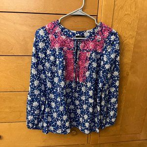 J. Crew Blue and Pink Embroidered Peasant Top